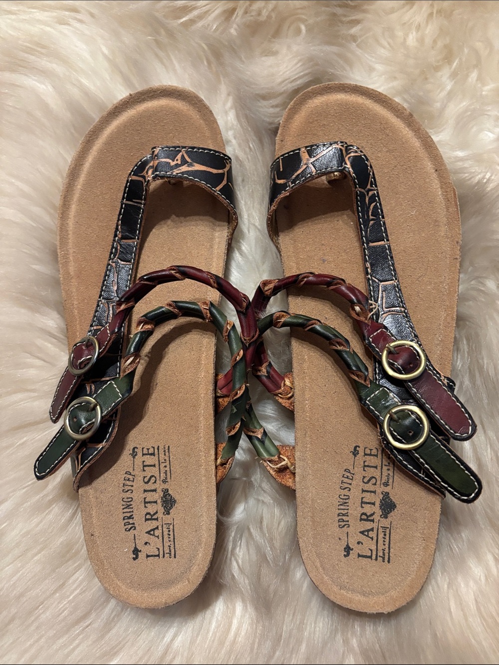 L'ATISTE by Spring Step Braided Platform Sandals in Brown, Red & Green